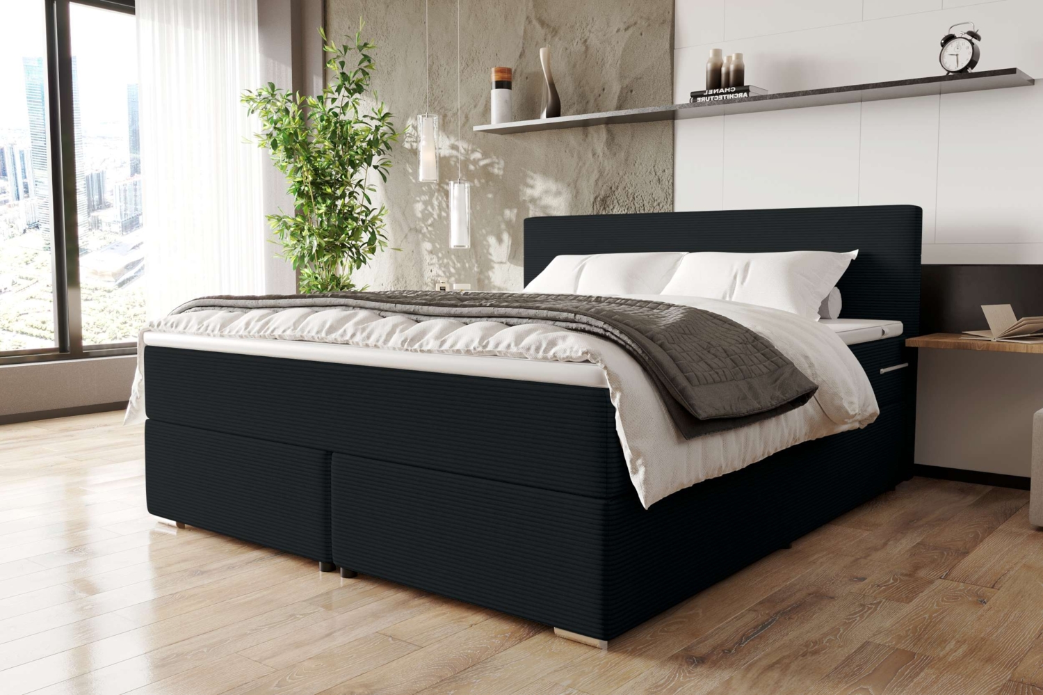 99rooms 'Phönix' Boxspringbett, Schwarz, 200x200 cm, Cordstoff POSO Bild 1