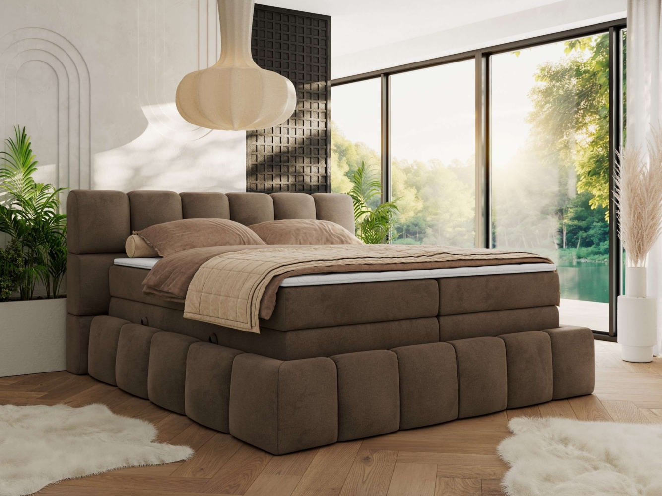 Boxspringbett NIRA KING, Doppelbett mit Fußteil, 7-Zonen Multipocket-Matratzen und Topper, Schlafzimmerbett - 140 x 200 cm - Braun Velvet - H3 Bild 1