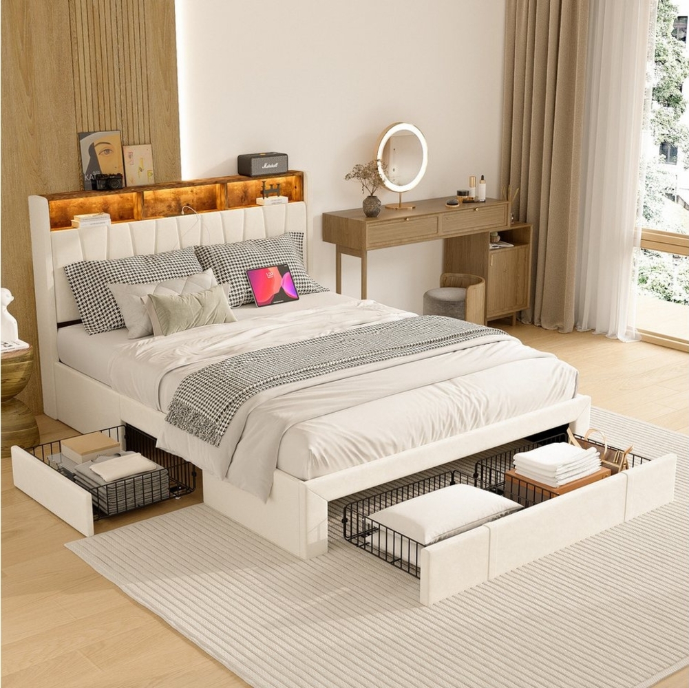 Furnishings Home Polsterbett Stauraumbett Doppelbett LED (USB + TYPE-C), Mit LED Beleuchtung, Ladefunktion, Lattenrost, Samt, 140x200 cm Bild 1