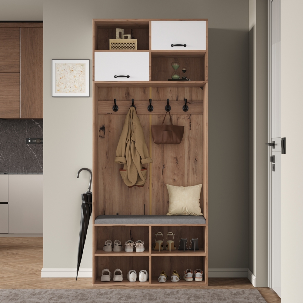 Moderner Flurbaum mit Kleiderständer, Schuhbank, 4 Schubfächer, Sitzbank, Stauraum, Jacken, weiß/naturfarben, Flurgarnitur, 185cmx80cmx35cm, Natur+Weiß Bild 1