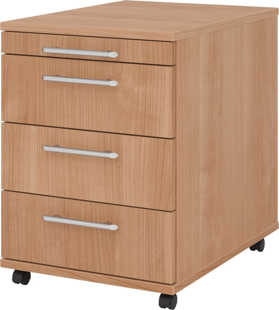 bümö basic Rollcontainer mit Schubladen, Container aus Holz in Nussbaum - Rollwagen für's Büro als Schreibtisch Unterschrank, Bürocontainer od. Schreibtischcontainer mit Relinggriffe, 1606-N-N-RE Bild 1