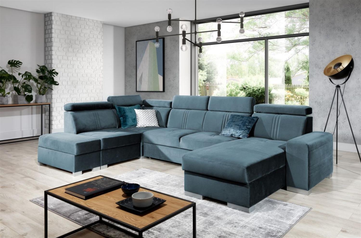 Wohnlandschaft Schlafsofa NOLAN USB in Stoff Monolith Petrolblau Ottomane Rechts Bild 1