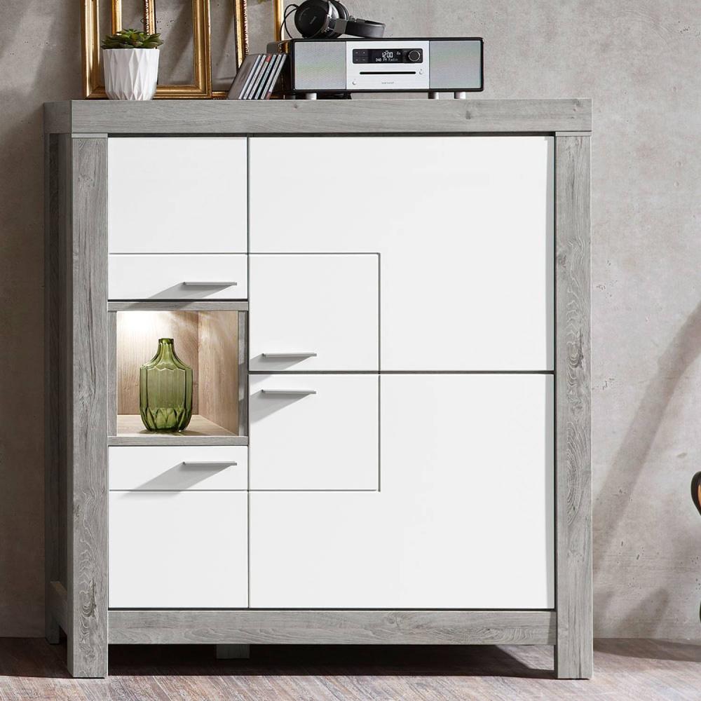 Highboard mit Front in weiß matt und Korpus Haveleiche GRONAU-55 BxHxT: 118x140x42cm Bild 1