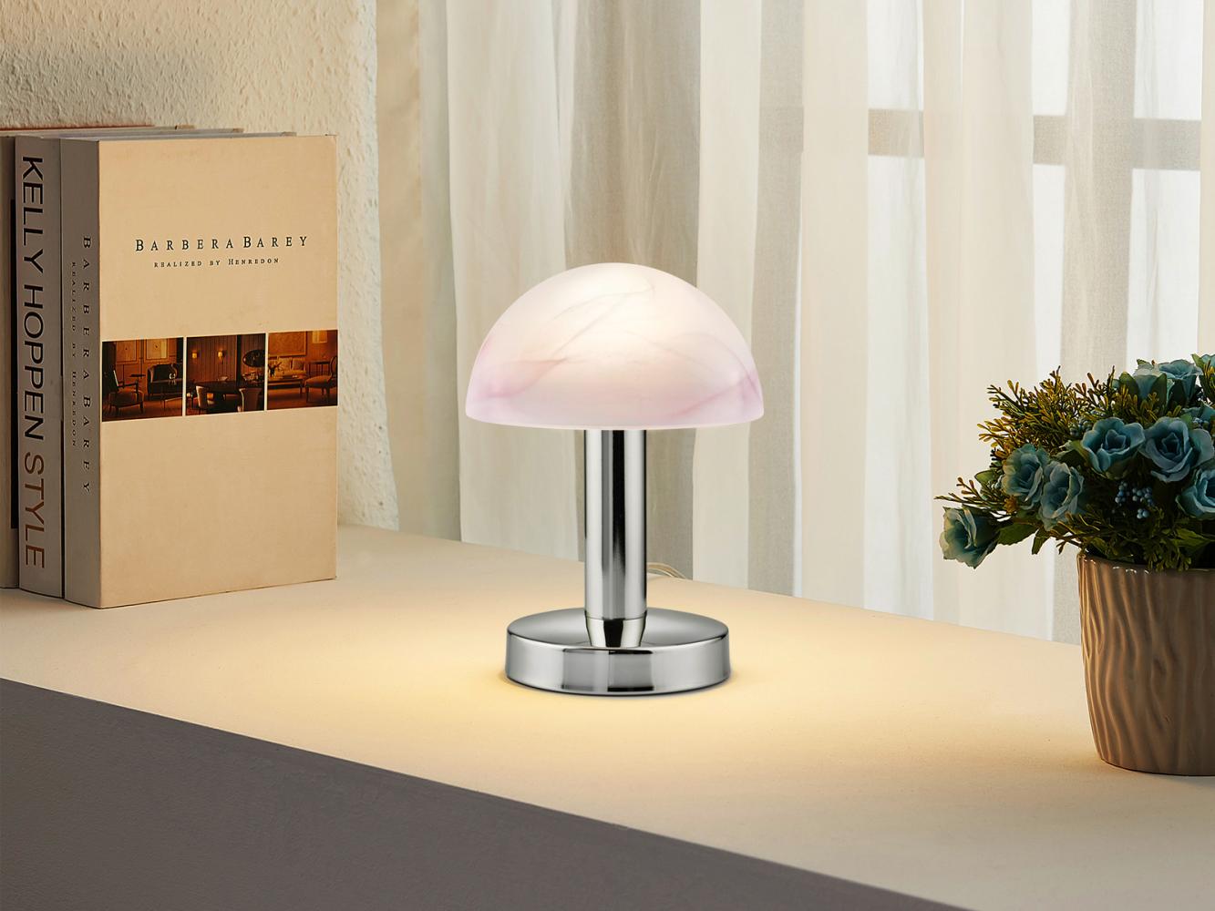 LED Tischleuchte Chrom Glasschirm Lila-Weiß, Touch dimmbar, Höhe 21cm Bild 1