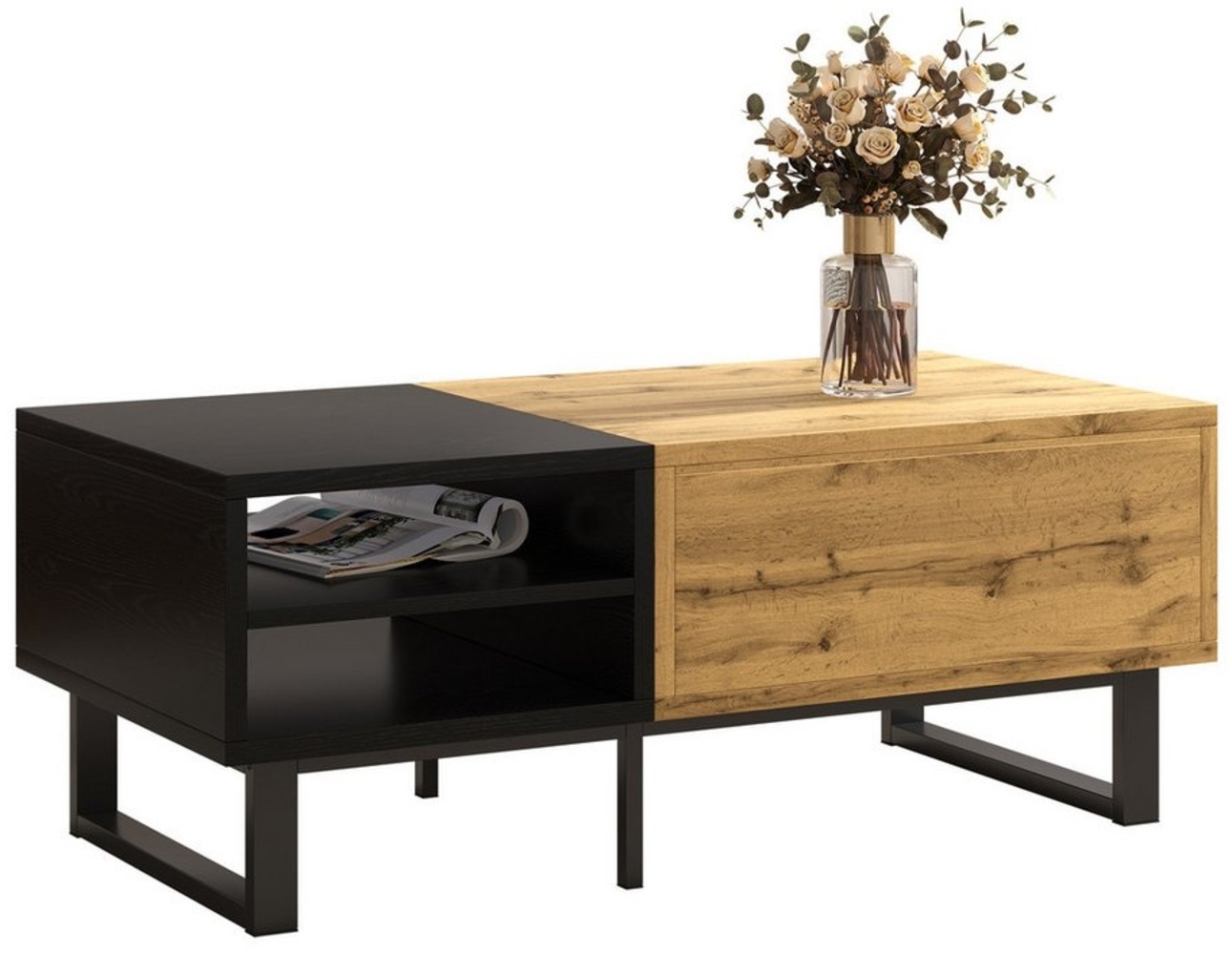 HAUSS SPOLE Couchtisch mit Fächern und Schubladen, Metallbeine Farbblockstruktur schwarz (mit Farbblockstruktur, 1-St, 100*50*40cm, Fächern und Schubladen), hochwertiger Holz- und Metallhalterung, einfach zu installieren Bild 1