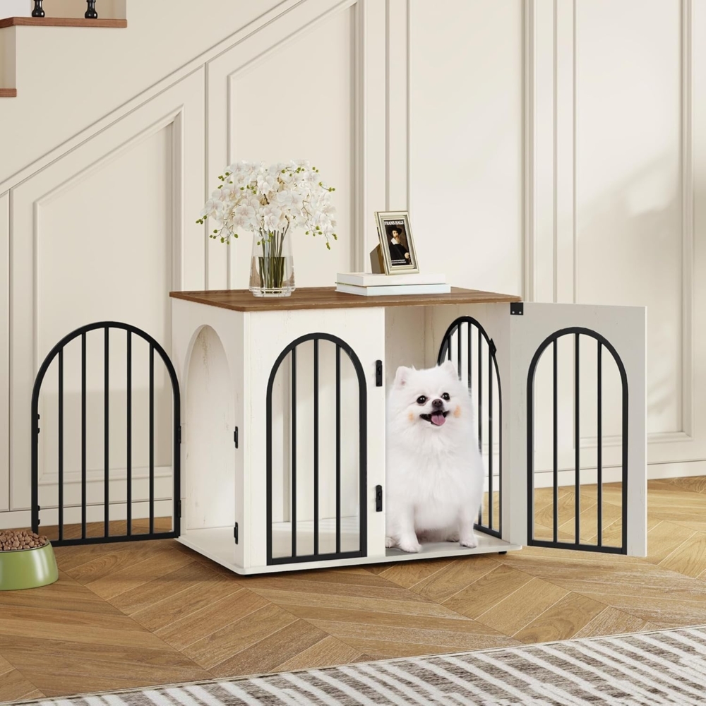 Hundekäfig Möbel, 68cm Hundebox für Zuhause, 3 Türen, Bogentür, Moderne Hundebox Indoor für Hunde, Beistelltisch, Hundekäfig Hochbelastbar, 68 x 49 x 56 cm, Weiß Braun Bild 1