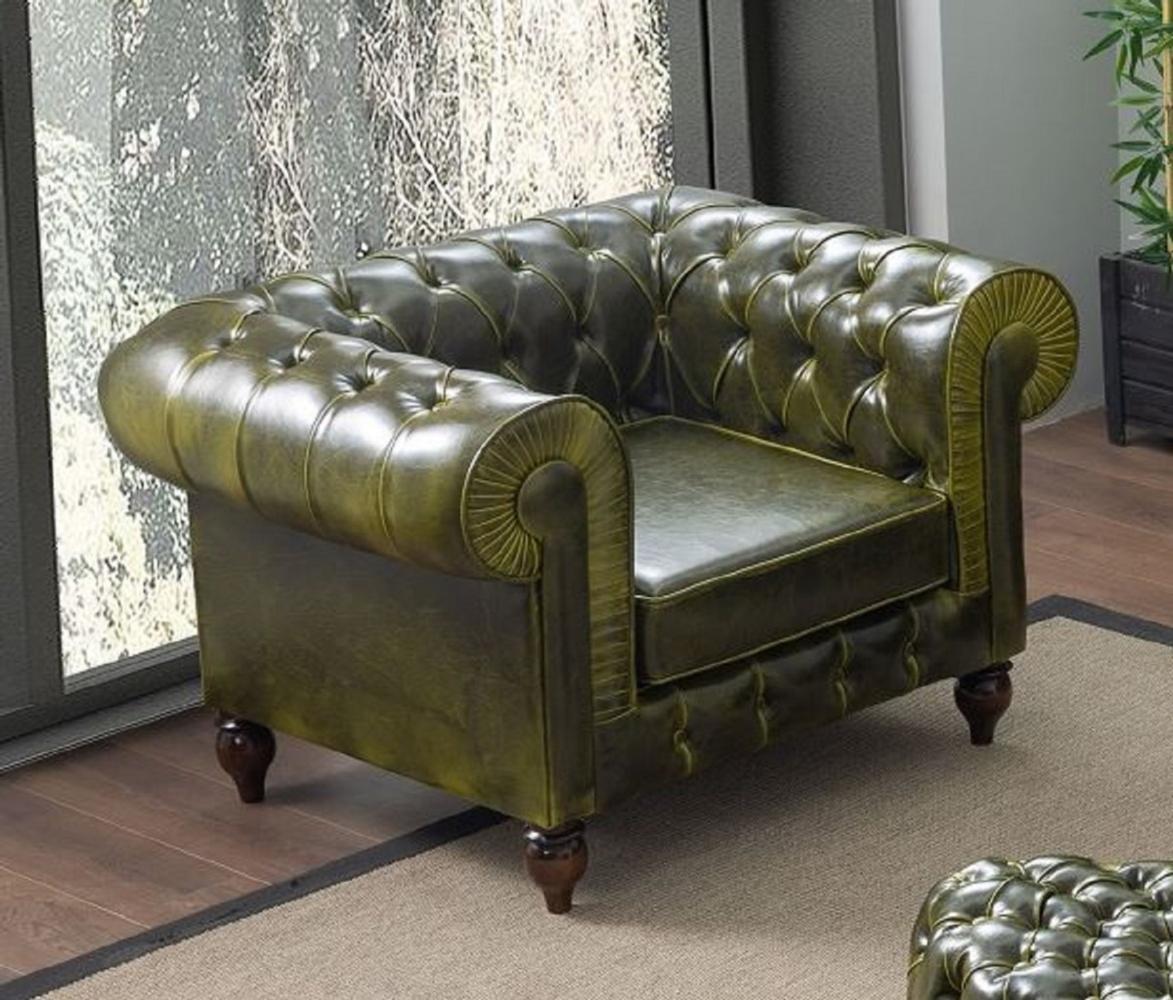 Casa Padrino Luxus Chesterfield Kunstleder Sessel Grün / Dunkelbraun 115 x 90 x H. 75 cm - Wohnzimmer Sofa - Wohnzimmer Möbel - Luxus Möbel - Luxus Wohnzimmer Einrichtung - Möbel Luxus Bild 1