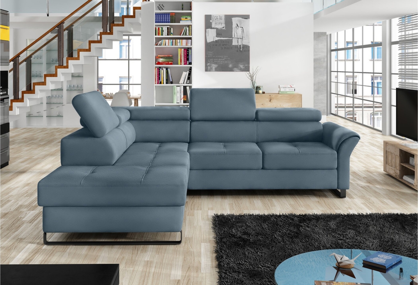 Stylefy Aventine Ecksofa Strukturstoff Pastellblau Links Bild 1