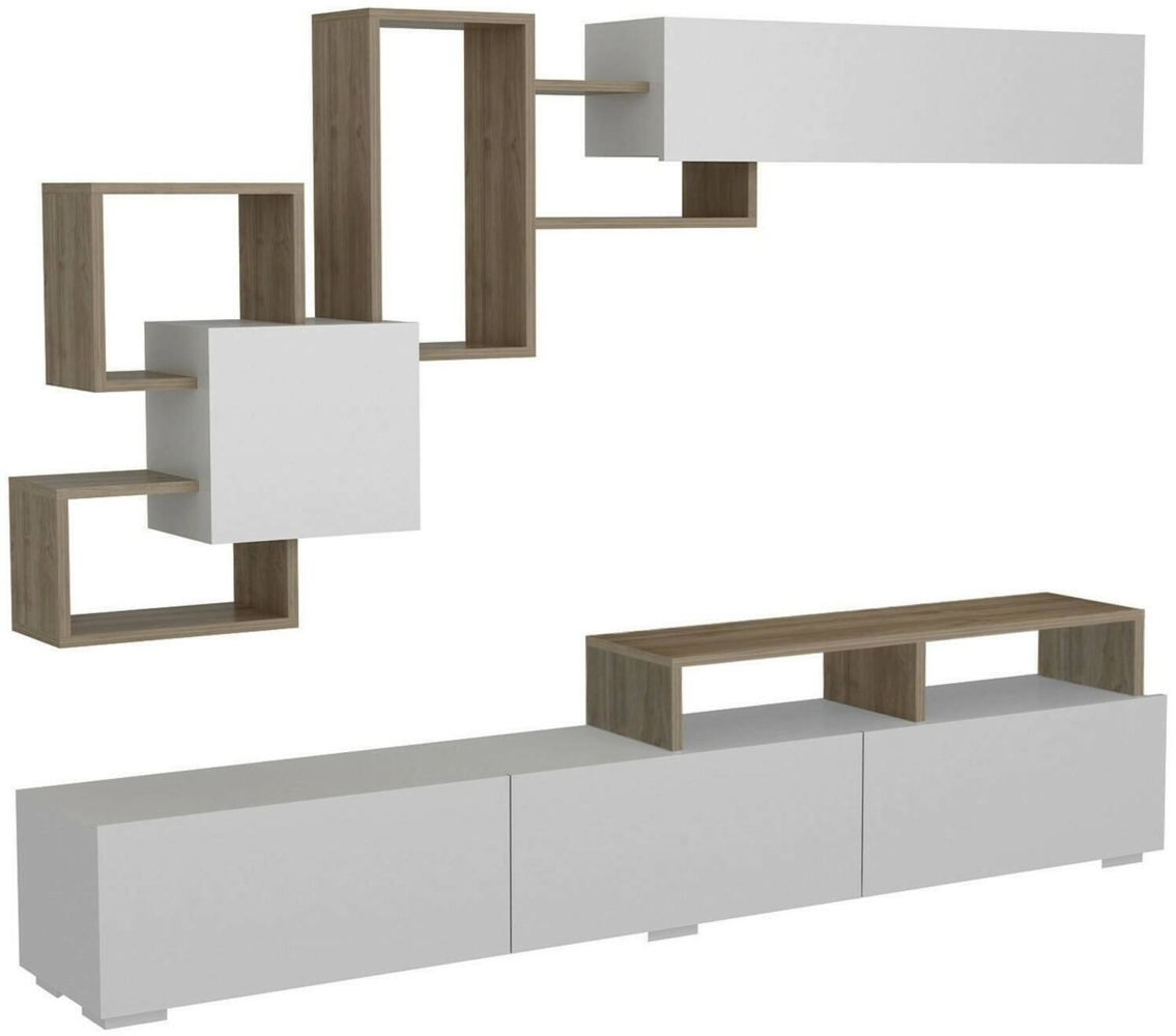 Dmora Wohnzimmermöbel Acquifero, Modulares Wohnzimmerset, Mehrzweck-Wohnzimmermöbel, Moderner TV-Schrank, 210x37h47 cm, Weiß und Walnuss Bild 1