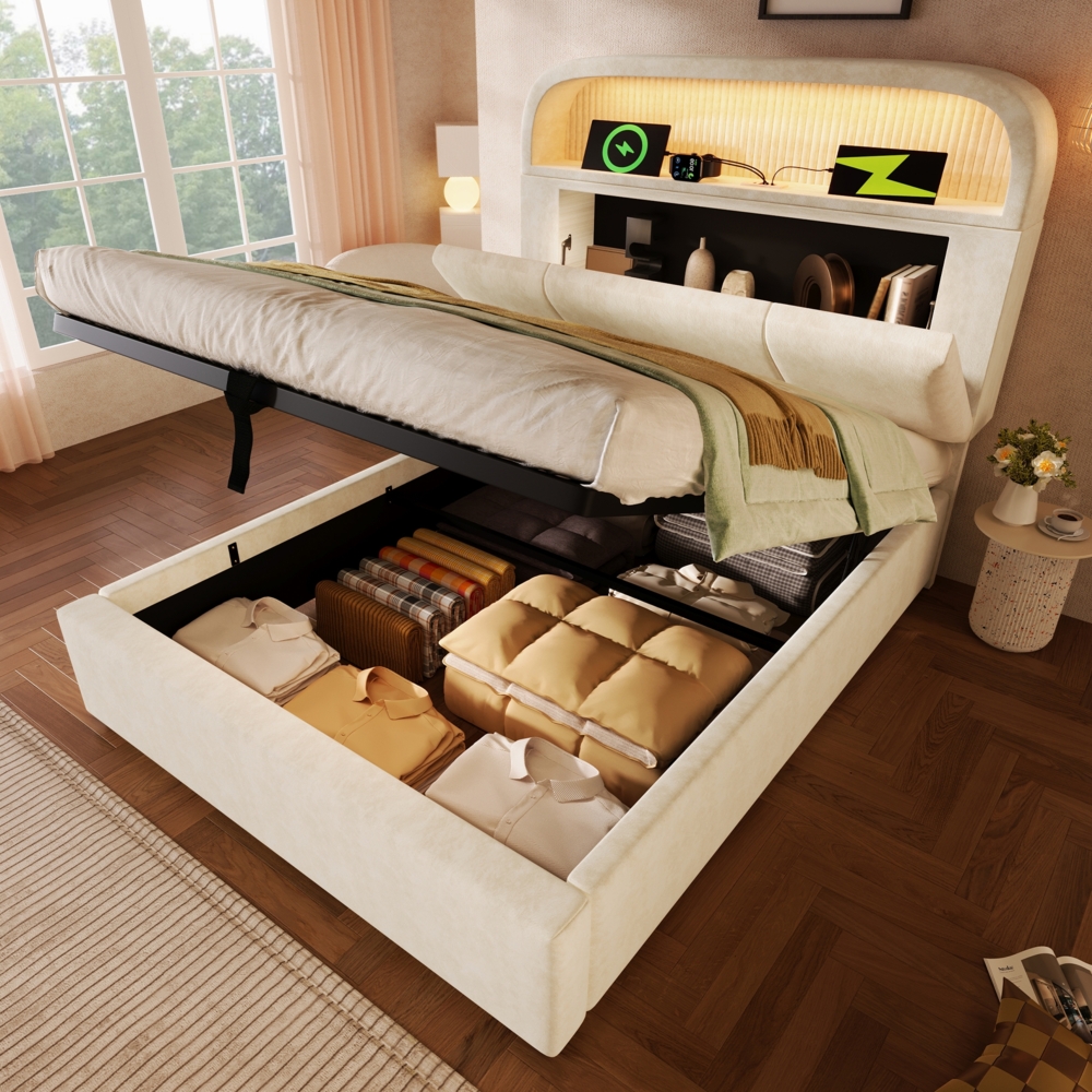 Merax Polsterbett Einzelbett 90x200 cm mit höhenverstellbarem Stauraum-Kopfteil, Hydraulisches Bett mit LED-Beleuchtung & USB/Type-C Ladestation, Samt, Beige, (Ohne Matratze) Bild 1