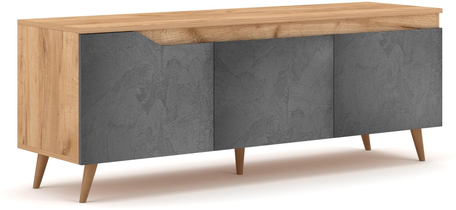 Domando Lowboard Syrakusa Skandinavisch für Wohnzimmer Breite 140cm, massive Buchefüße, Eiche Gold und Beton Grau Bild 1