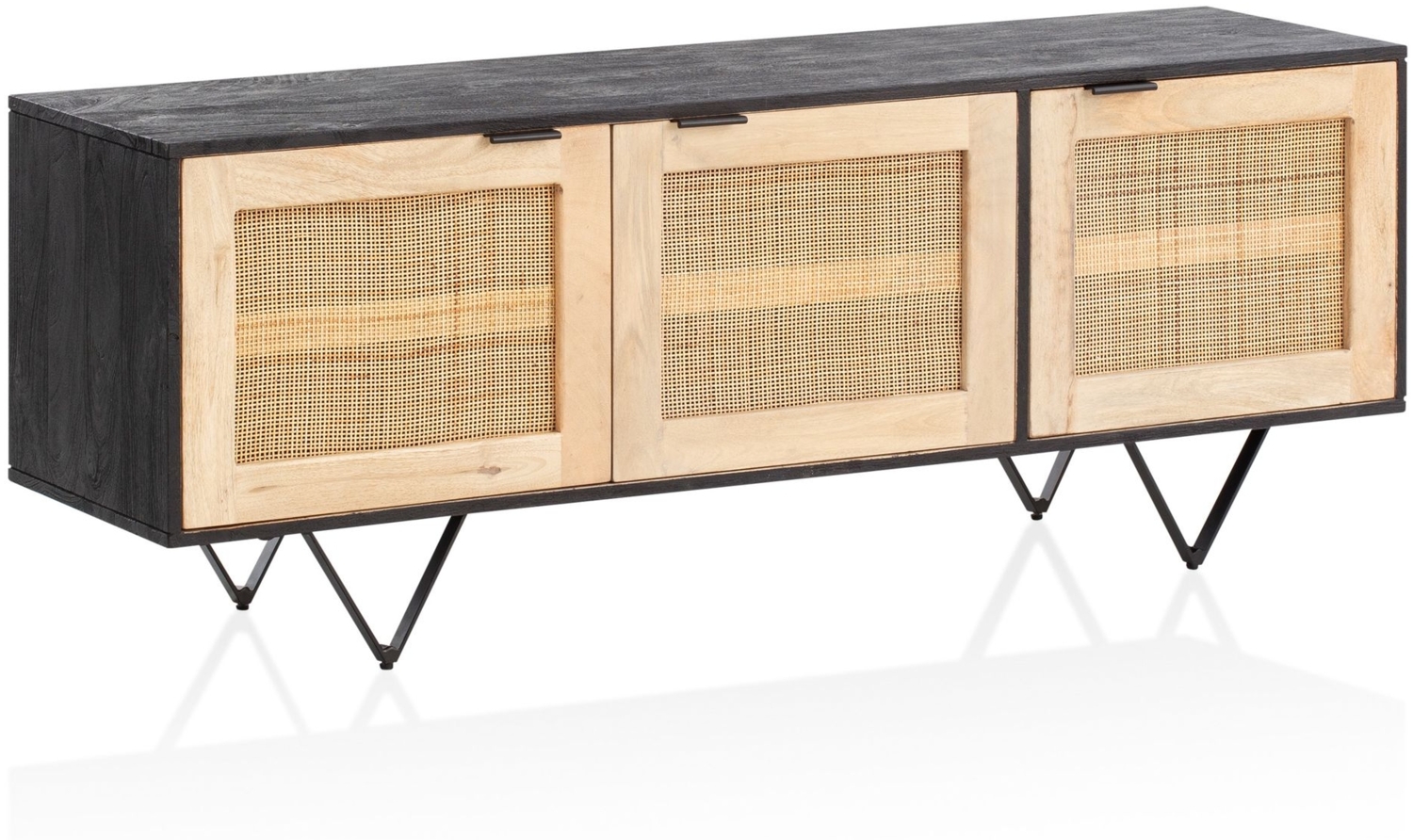 Sideboard 145 x 55 x 40 cm Mango Massivholz / Rattan Kommode mit 3 Türen, Niedriger Kommodenschrank Schwarz / Braun, Standschrank Wohnzimmer, Anrichte Rohrgeflecht Bild 1