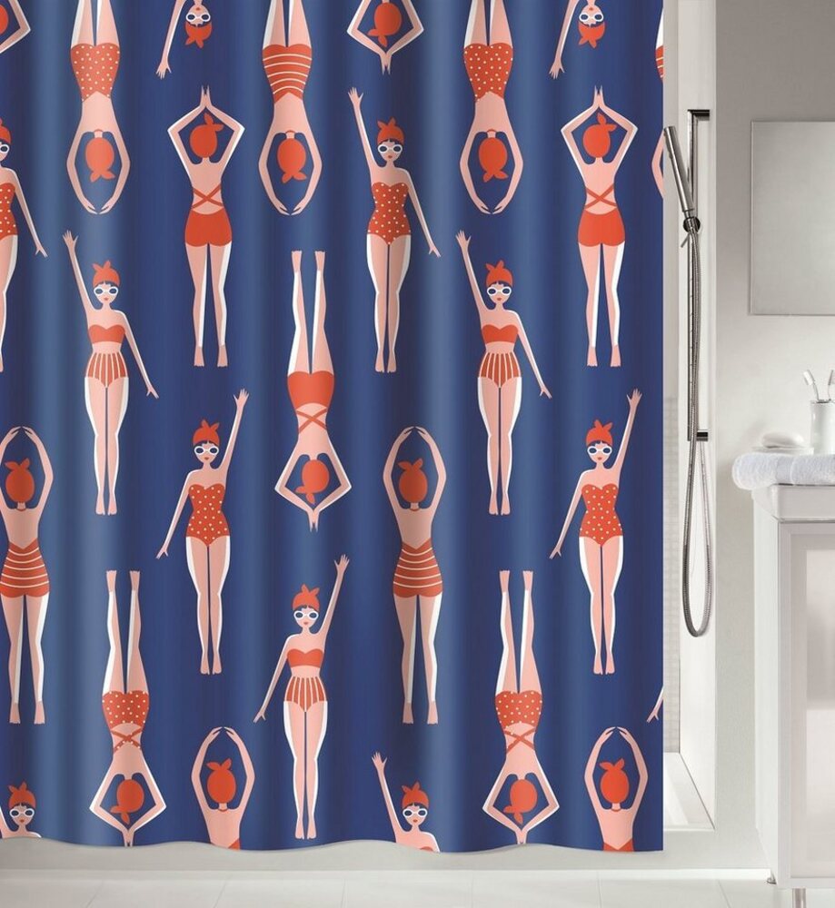 spirella Duschvorhang BAIGNEUSES Breite 120 cm, Premium Textil-Duschvorhang, 100% Polyester, wasserabweisend, Anti-Schimmel-Effekt, waschbar 30°, Made in Europe, sommerliches Motiv im Retro-Style, Farbe blau/rot, Größe 120 x 200 cm Bild 1