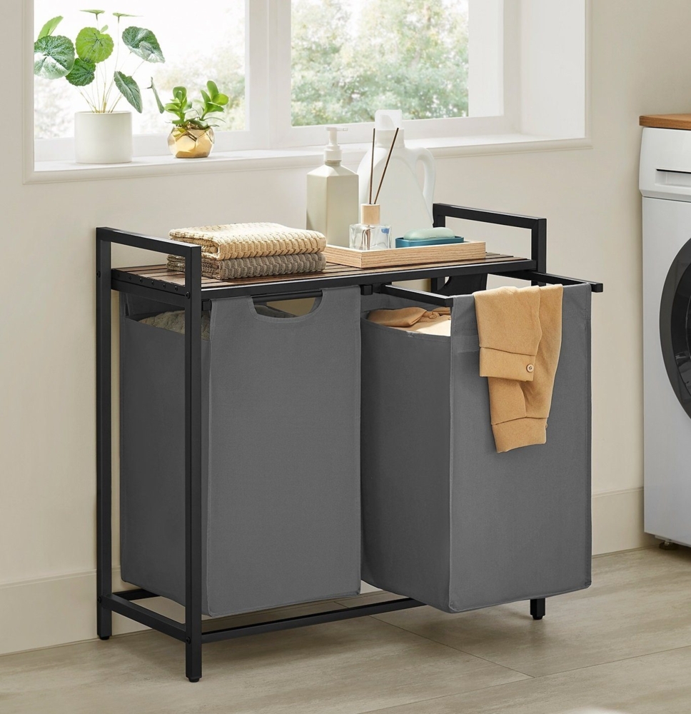 Vasagle Wäschekorb mit 2 Fächern, Metallgestell Vintagebraun/Grau, 2x46 L / 73 x 33 x 72 cm Bild 1