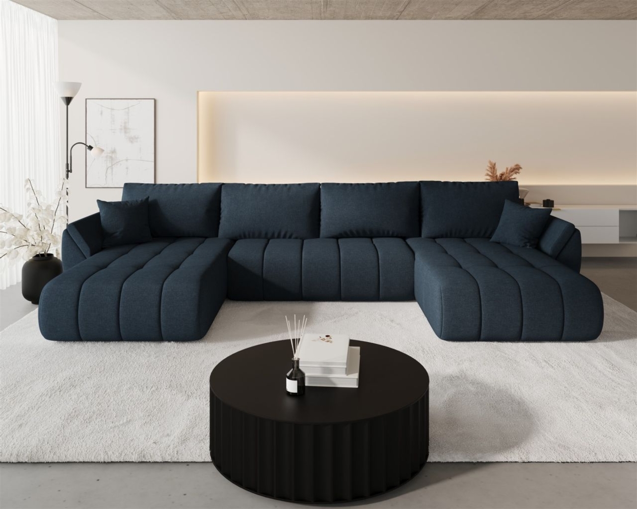 Wohnlandschaft Sofa mit Schlaffunktion MISATO Stoff Wind Dunkelblau Bild 1