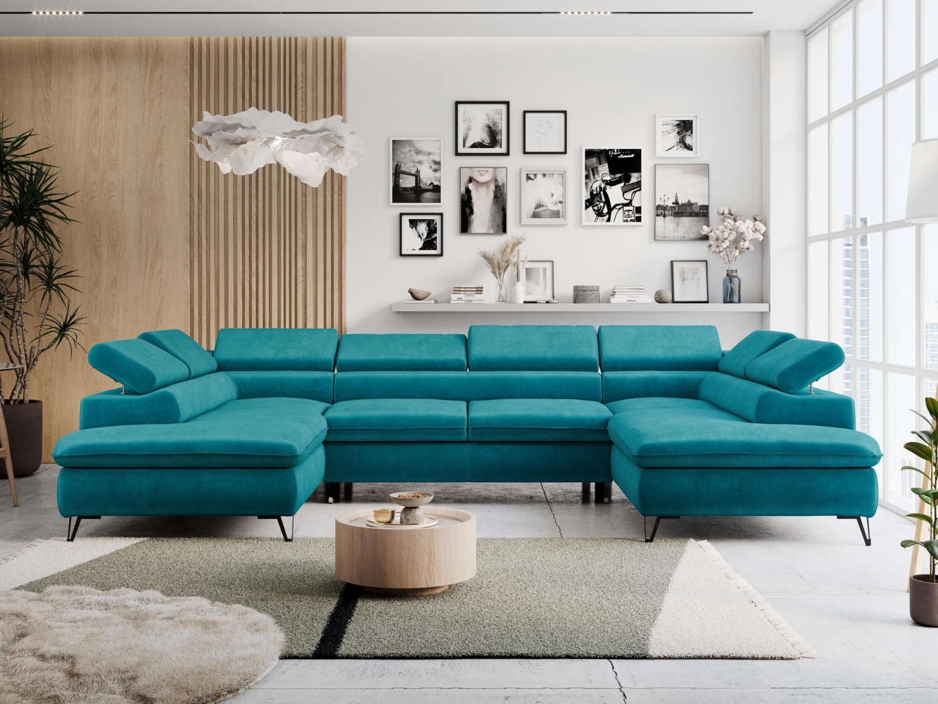 Mks Möbel 'Peter U-Form' Ecksofa mit Bettkasten, Bettfunktion & einstellbaren Kopfstützen, Hellblau, Mikrofaser, mit Topper Bild 1