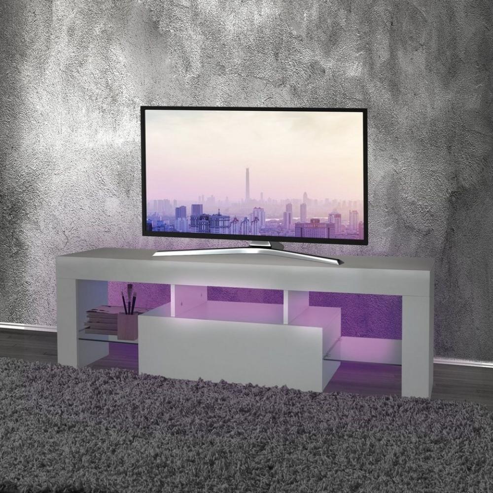 ML-DESIGN Lowboard TV Lowboard Fernsehtisch Fernsehschrank TV-Möbel TV-Schrank TV-Regal, Holz mit LED-Beleuchtung Glasregal Modern 130x49x45cm Weiß Bild 1