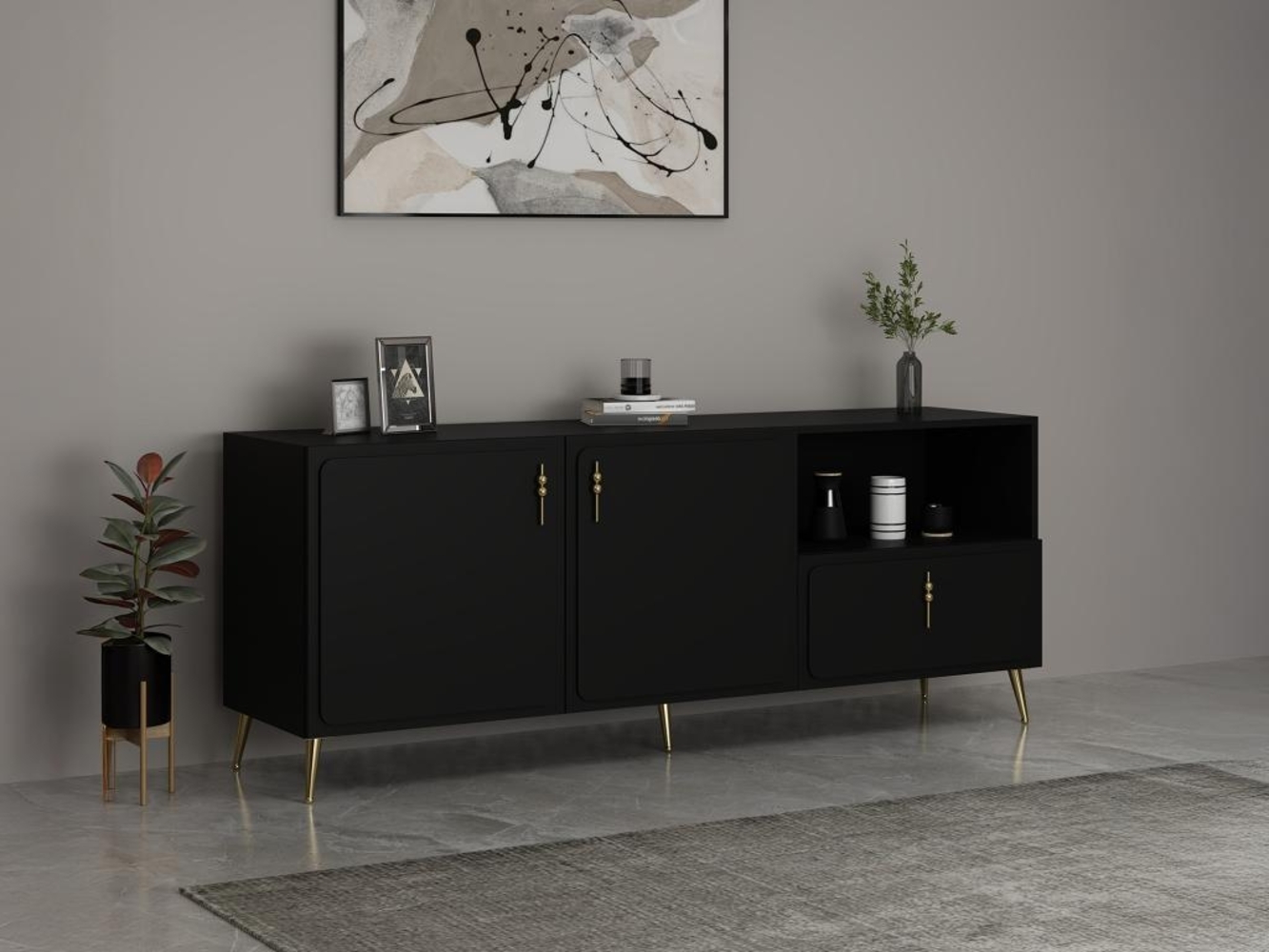 Vente-unique - Sideboard mit 2 Türen, 1 Schublade & 1 Regalfach - Schwarz & Goldfarben - MAVELYA Bild 1