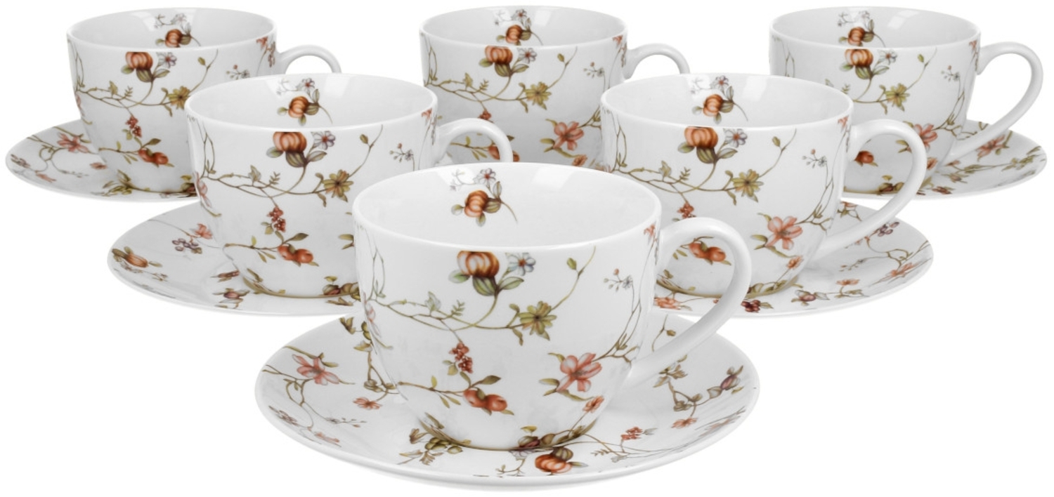 DUO FLORAL 6er-Set Tassen 280 ml SAFA mit Untertassen, New Bone China Porzellan Bild 1