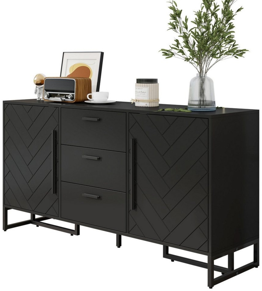 MODFU Sideboard Modernes Küchenschrank (Elegantes schwarzes Sideboard mit Fischgrätenmuster und 2 Türen, 3 Schubladen – für Esszimmer, vielseitige Aufbewahrungslösungen) Bild 1