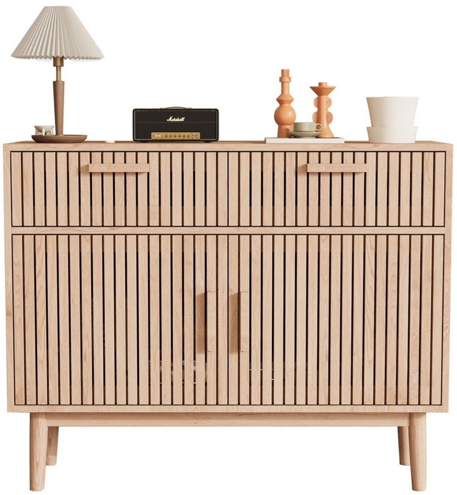 FUROKOY Sideboard Kommode Holz Mit rutschfesten Tischbeinen und Kippschutzvorrichtung, 100x35x80 cm,2 Schubladen und 2 Türen,Geräuscharmem Dämpfungsschlitten Bild 1