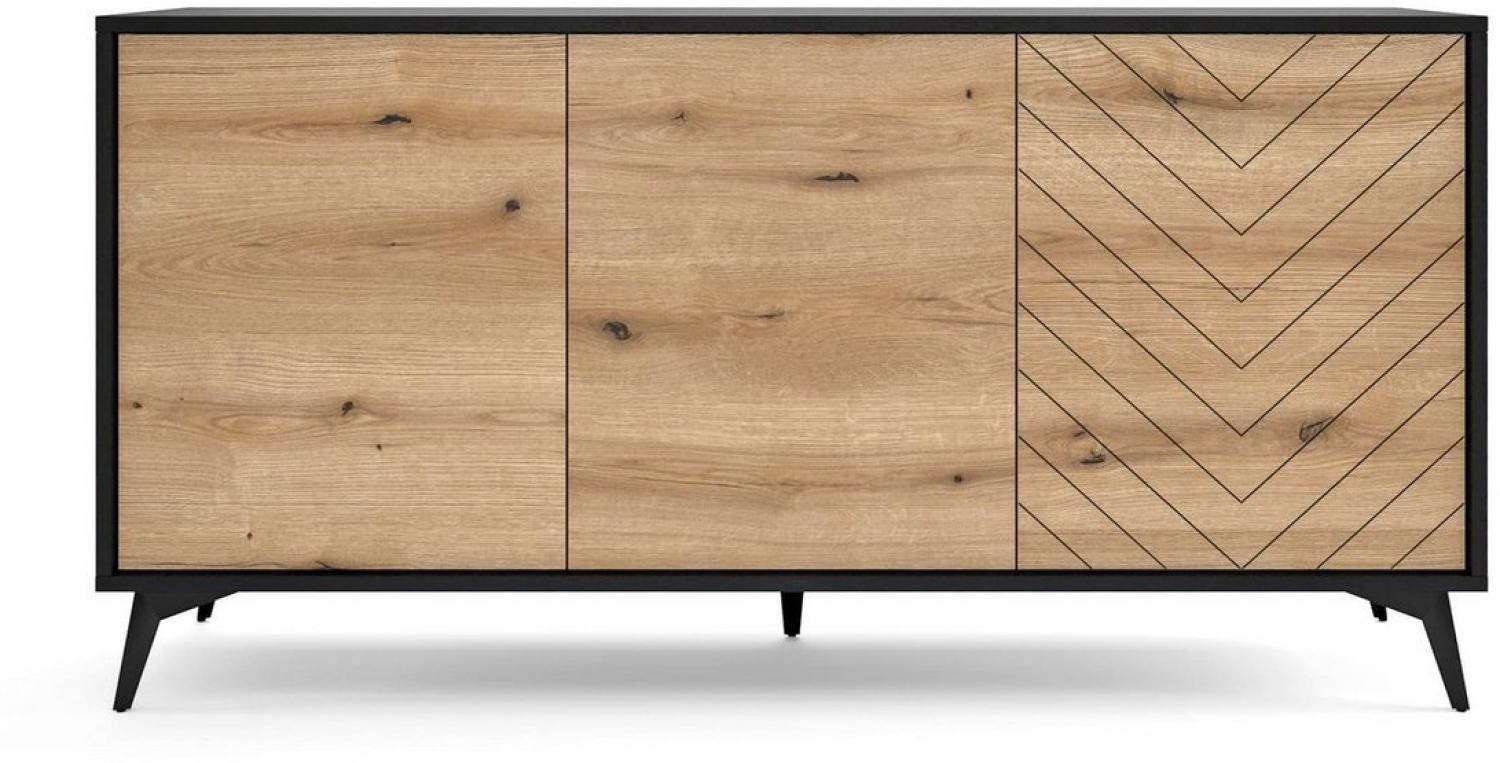 MOEBLO Kommode Onyks K154 (Sideboard Wohnzimmer Kommode Schlafzimmer Komodenschrank Highboard, schwarz/eiche Evoke Fischgrät, moderne Design), (HxBxT):77x154x39cm Bild 1