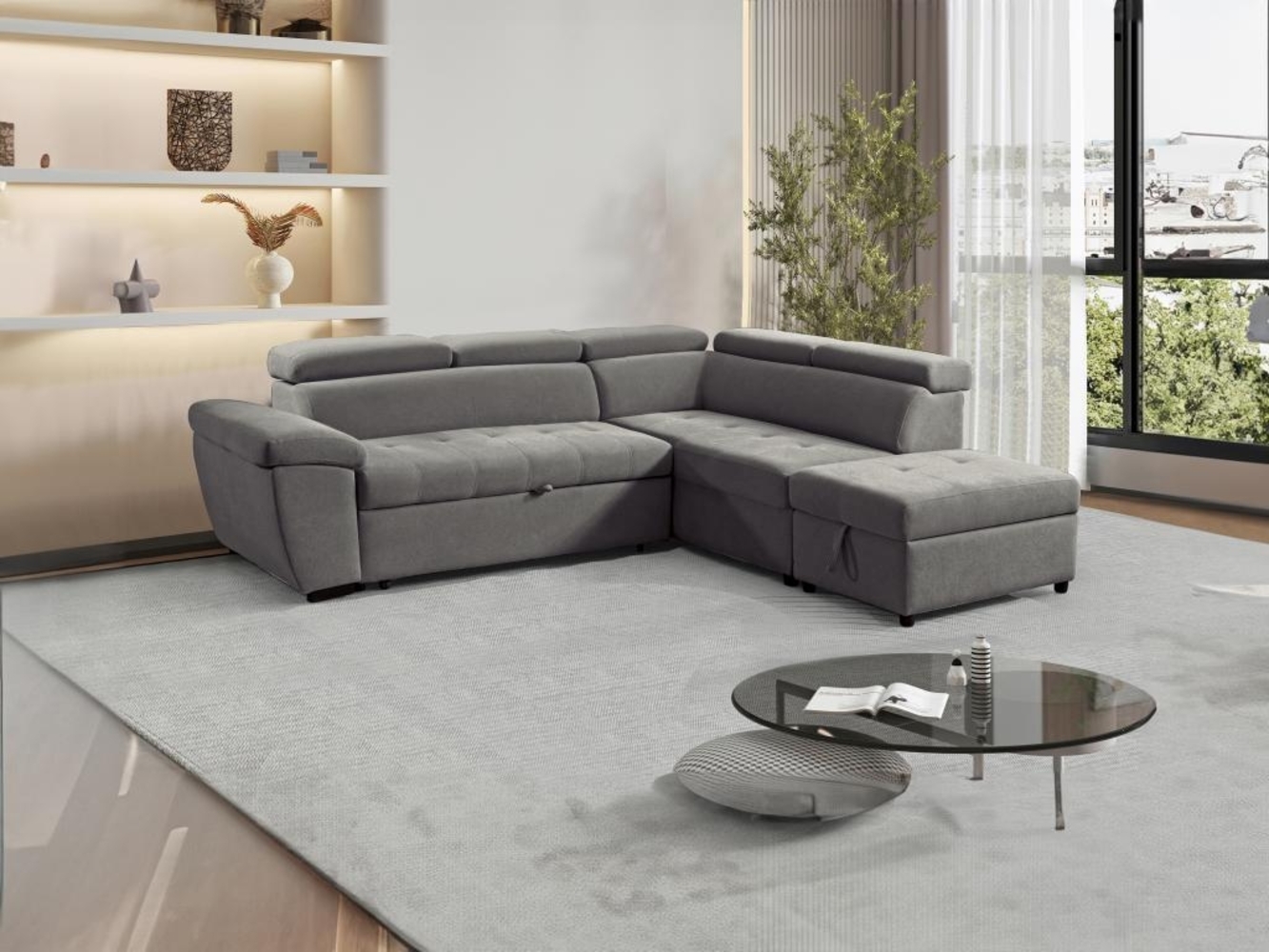 Vente-unique - Ecksofa mit Schlaffunktion - Ecke rechts - Strukturstoff - Grau - VALDERAS Bild 1