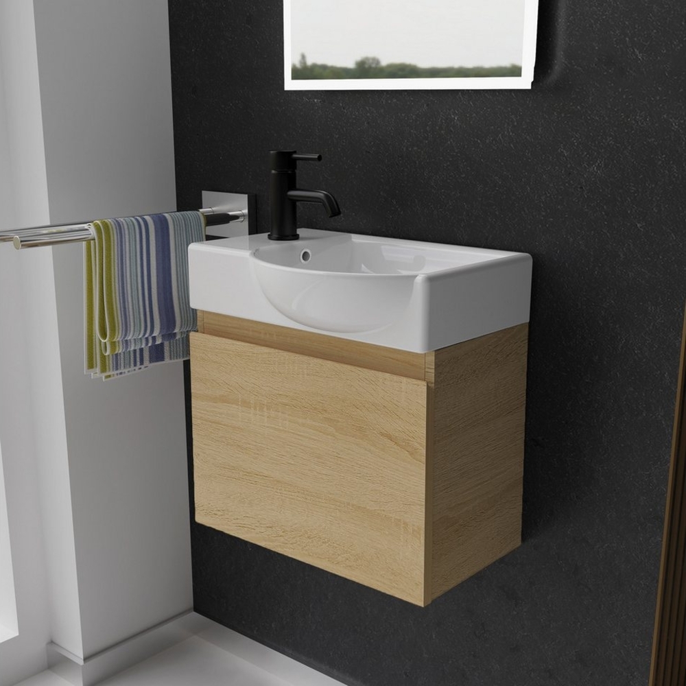 Alpenberger Badmöbel-Set - Gäste WC Waschbecken mit Unterschrank 45 cm Breit, (Badschrank 2-tlg, Waschtisch hängend), Waschbeckenunterschrank mit Softclose - Eiche Hell - Rechts Becken Bild 1
