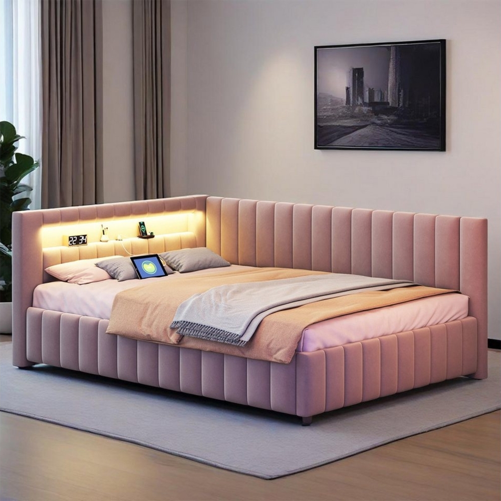 MODFU Polsterbett Kinderbett (140x200 cm mit LED-Lichtstreifen, USB-Ladeanschluss & L-förmigem Design, Polsterbett, Samtbezug, stabiler Lattenrost, Rückenlehne & Kopfteil), mit Matratze Bild 1