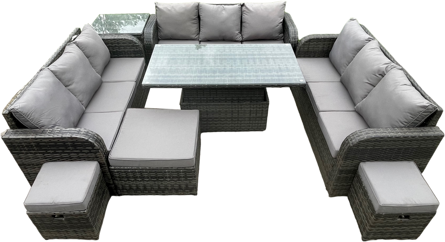 Fimous Garten Dining Sets Rattan Möbel Lounge Sofa Höhenverstellbarer steigender Hubtisch mit Beistelltisch 3 Fußhocker Dunkelgrau gemischt Bild 1