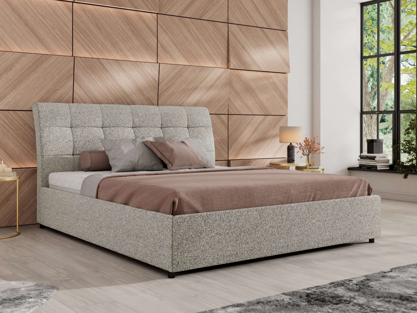 Polsterbett mit Lattenrost Gasfeder Doppelbett GALA CLASSIC gepolstert Kopfteil Bettkasten Multipocket Matratze - 140x200 cm - Hellgrau Strukture - ELORI LUX Bild 1