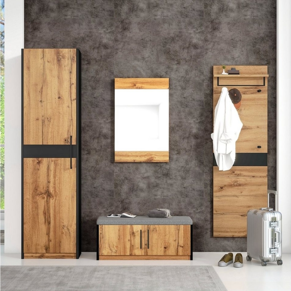 HAUSS SPLOE Kleiderschrank Garderoben-Set Flurgarderobe Garderobe Flurkleiderschrank (4-St, Stylishe Kompaktgarderobe mit 4 Kleiderhaken, Stangen und Ablage) Praktischer Set 4-teilig mit Spiegel und Sitzbank Bild 1