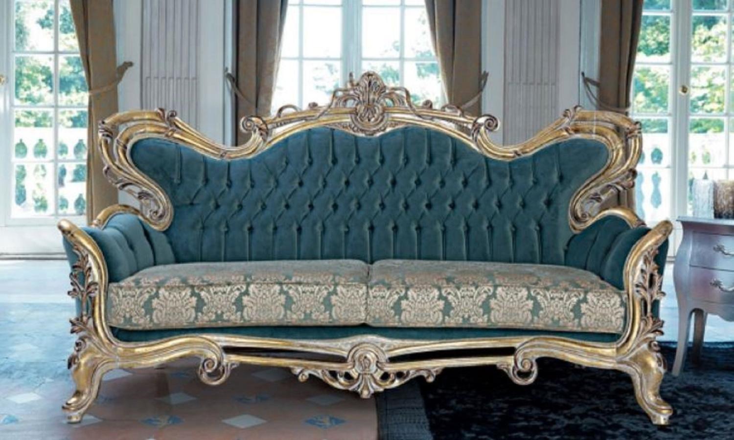 Casa Padrino Luxus Barock Sofa Blau / Gold - Handgefertigtes Barockstil Wohnzimmer Sofa mit elegantem Muster - Barock Wohnzimmer Möbel Bild 1