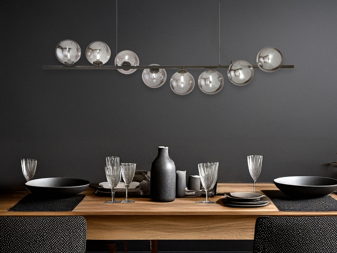Große LED Pendelleuchte 8-flammig Schwarz-Glaskugeln Rauchglas, Breite 145cm Bild 1