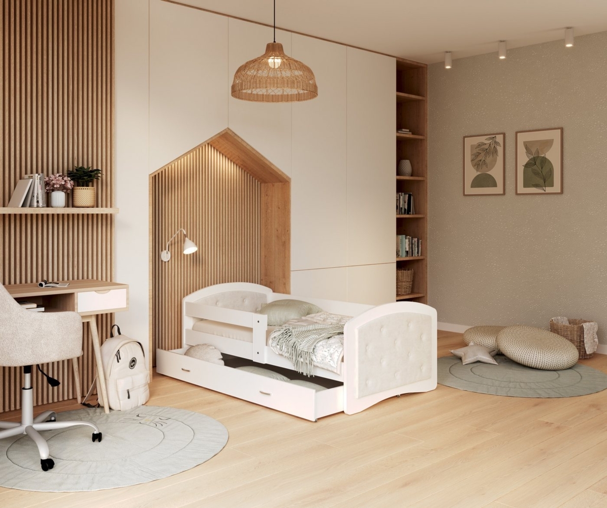 AJKmeble Kinderbett mit Rausfallschutz, 80x160, 80x180, 90x200cm inkl. Lattenrost (MADE IN EU - JUGENDBETT - Kinderbett - mit Polsterung in Weiß, Rosa und Grau, mit Rausfallschutz, für Jungen und Mädchen, Kinderzimmer-Bett), MDF-Holz Made in Europe Bild 1