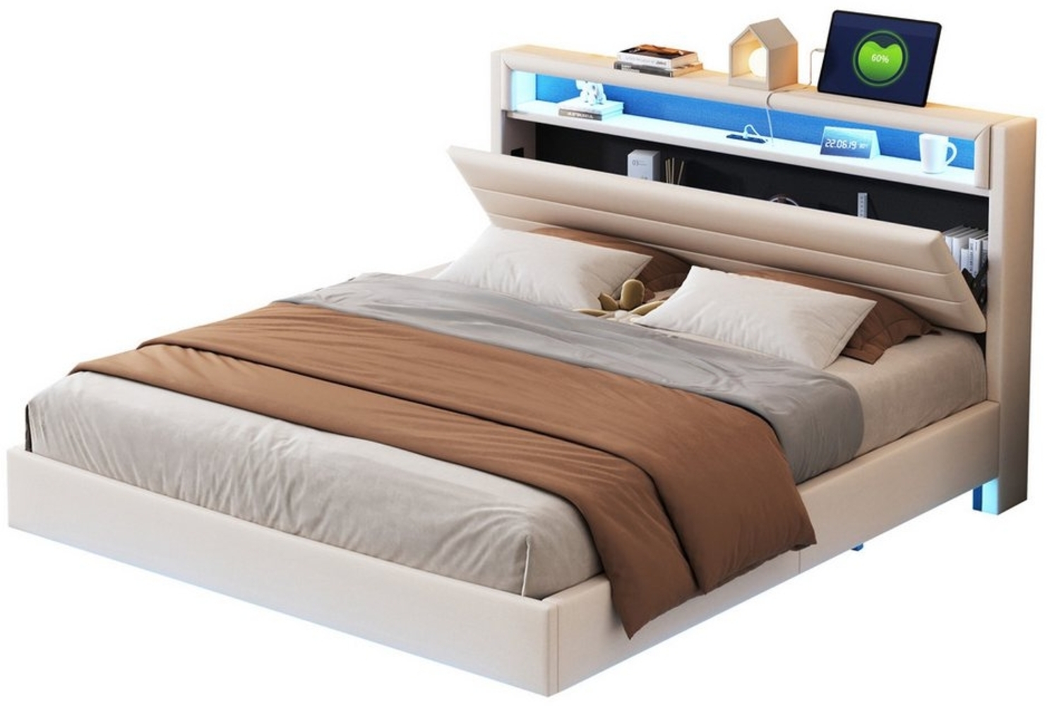 REDOM Polsterbett Doppelbett mit USB-Steckdose und LED-Licht, wendbares Kopfteil (mit USB-Steckdose und LED-Licht, Wendbares Kopfteil, Verdecktes Fußteil, Jugendbett, Erwachsenenbett, 140x200 cm), Ohne Matratze Bild 1