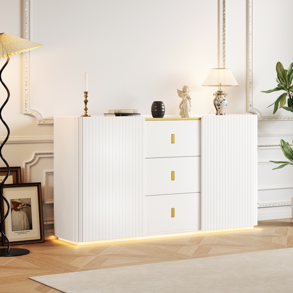 Merax LED Sideboard Breite 150 cm, Multifunktionales Sideboard, Kommode, Highboard, 2 Türen, 2 Schubkästen, Anrichte mit LED-Beleuchtung, Weiß Bild 1