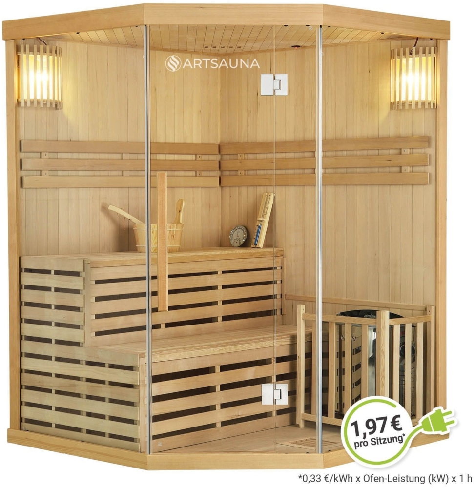 Artsauna Saunakabine Espoo150 Premium mit Harvia Ofen – 3 Personen – Hemlock Holz, Glasfront und LED Licht – Inkl. Thermometer & Sanduhr –Komplett Set Bild 1