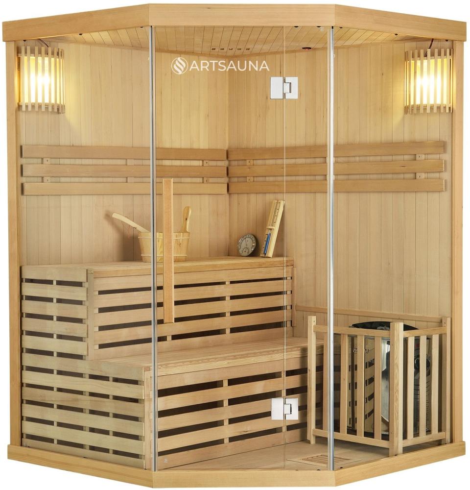 Artsauna Saunakabine Espoo150 Premium mit Harvia Ofen – 3 Personen – Hemlock Holz, Glasfront und LED Licht – Inkl. Thermometer & Sanduhr –Komplett Set Bild 1