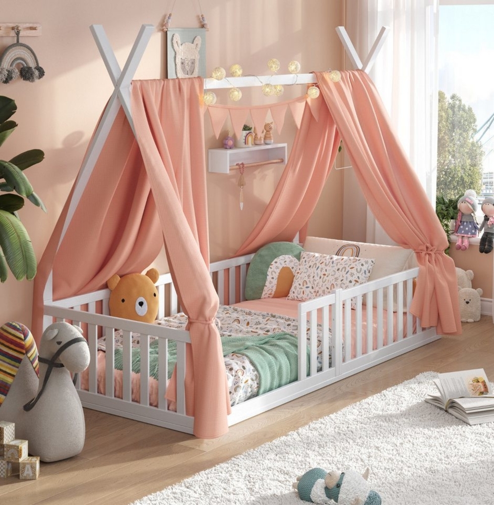 Alavya Home® Kinderbett Hausbett Bodenbett SKY SET mit Deko und Matratze I FSC® zertifizierte (Hausbett 80x160 cm SET mit Decoration Rosa, Matratze, Rausfallschutz & Lattenrost Kinderbett 80x160), bodentiefes Jugendbett weiß massiv BUCHE für Junge Mädchen Bild 1