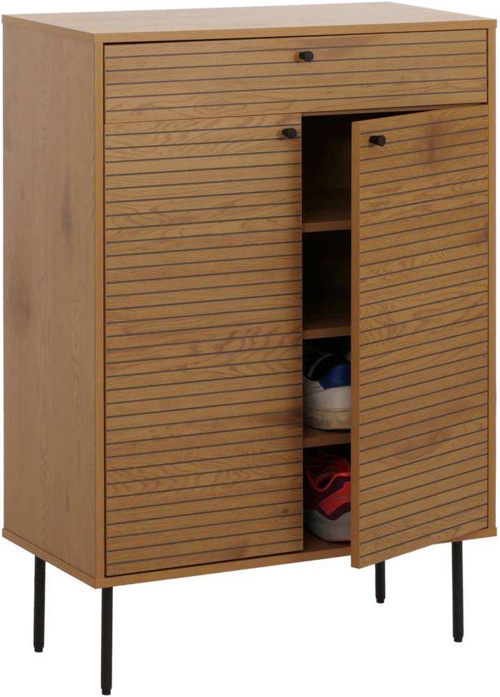 Schuhschrank HWC-N78, Schuhregal Schrank, skandinavischer Stil Metall Holz Melamin MVG 115x80x35cm ~ natur Bild 1