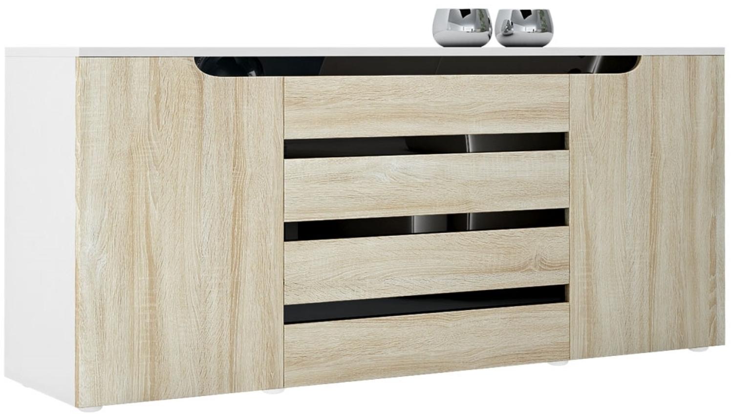 Sideboard Kommode Sylt V2, Korpus in Weiß matt / Front in Eiche sägerau mit Absetzungen in Schwarz Hochglanz (166 x 72 x 35) Bild 1