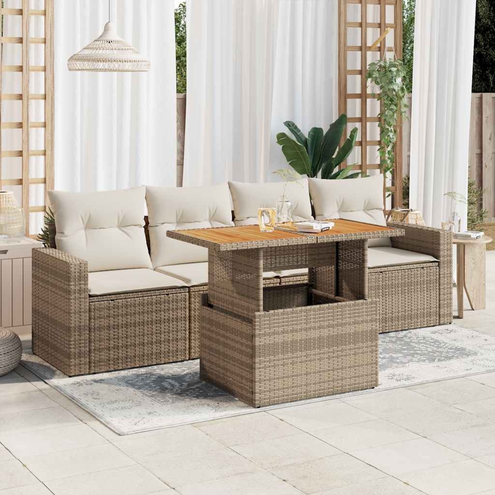 vidaXL 5-tlg. Garten-Sofagarnitur mit Kissen Beige Poly Rattan 3326984 Bild 1