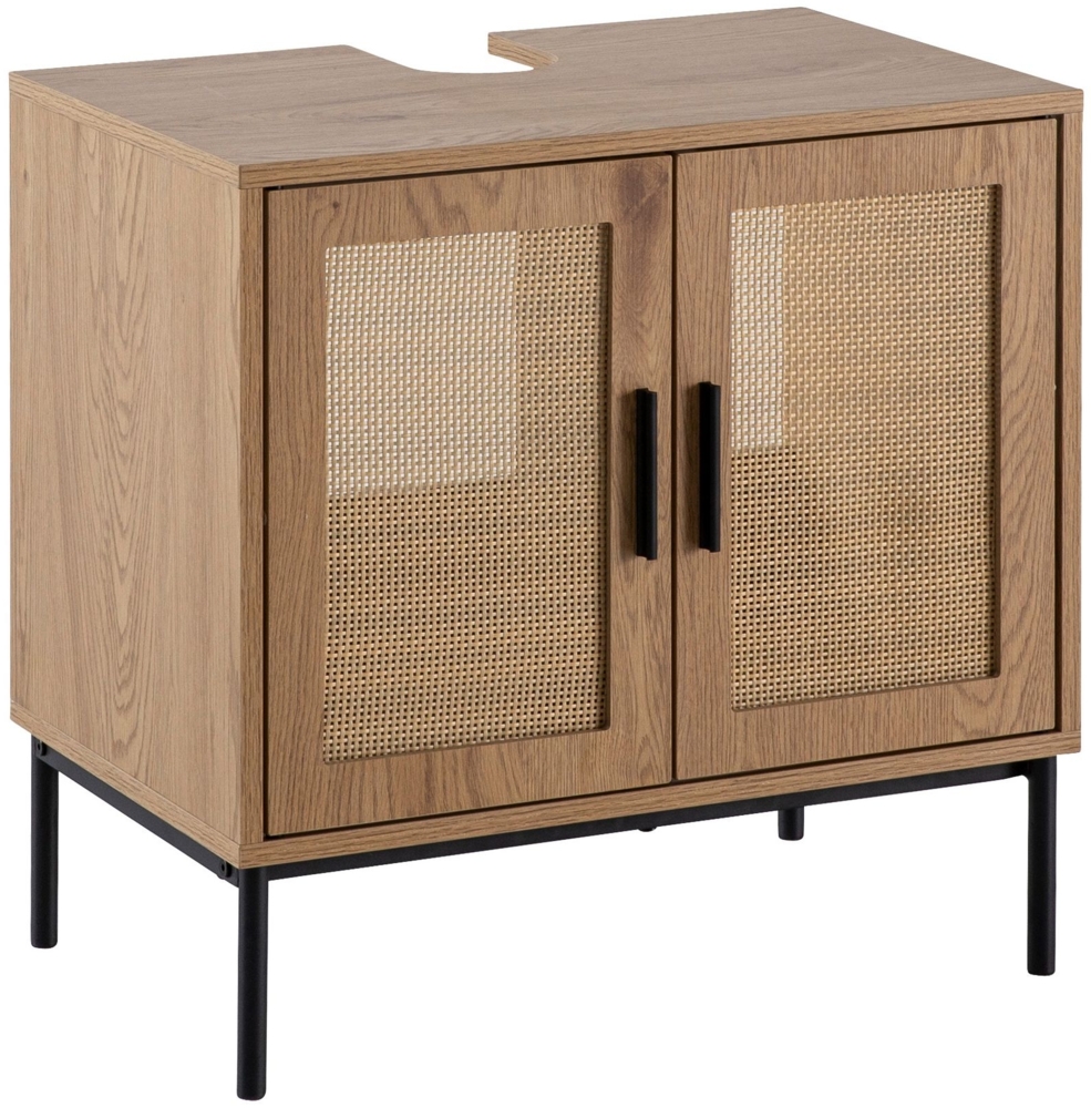 Waschbeckenunterschrank Eiche-Optik 60 x 60 x 40 cm mit Türen, Badezimmerschrank mit Rattangeflecht, Unterschrank Stehend, Badschrank Midischrank Klein Waschtisch Bild 1