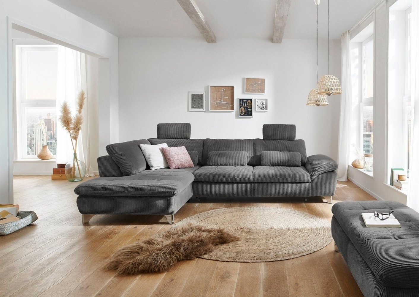 Die PlanBar Ecksofa MP-IN14007 L-Form, wahlweise mit Bettfunktion und verstellbaren Kopfstützen, in Cord Bild 1