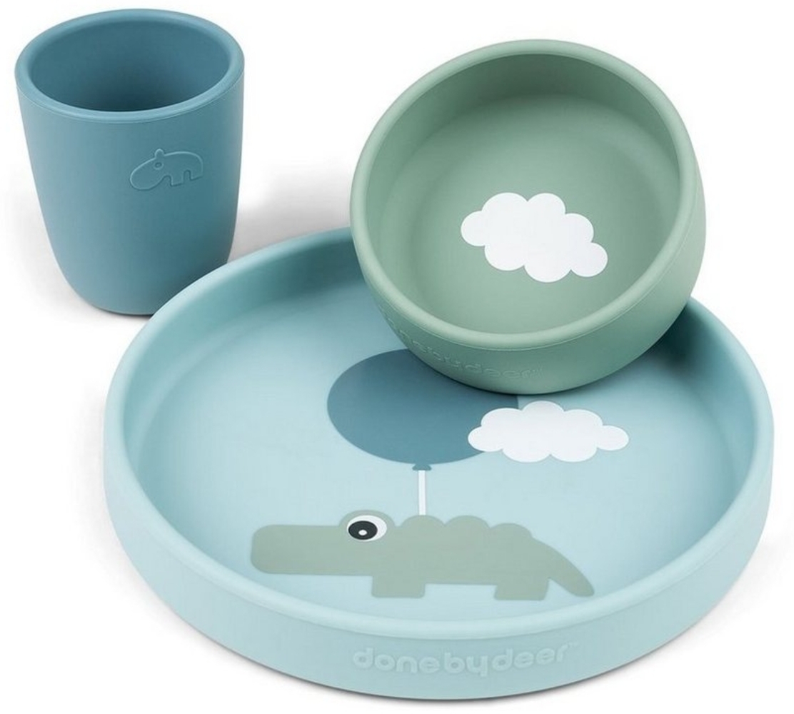 Done by Deer Kindergeschirr-Set Kindergeschirrset Happy Clouds blau Teller Schale Becher Silikon, spülmaschinengeeignet, mikrowellengeeignet Bild 1