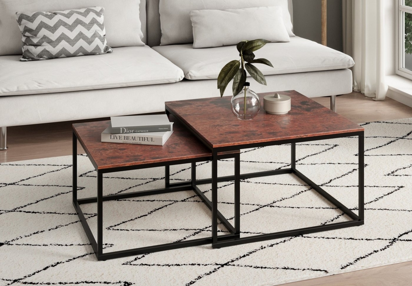 Home Collective Couchtisch Kleiner 2er Set aus Holz, Wohnzimmertisch Modern (Beistelltisch Set 2 in 1 mit Metallgestell, Büro Beistelltisch Loft Design TWIN, kratzfeste Oberfläche, Set 2 in 1), Quadratisch in Eiche dunkel, für Wohnzimmer Bild 1
