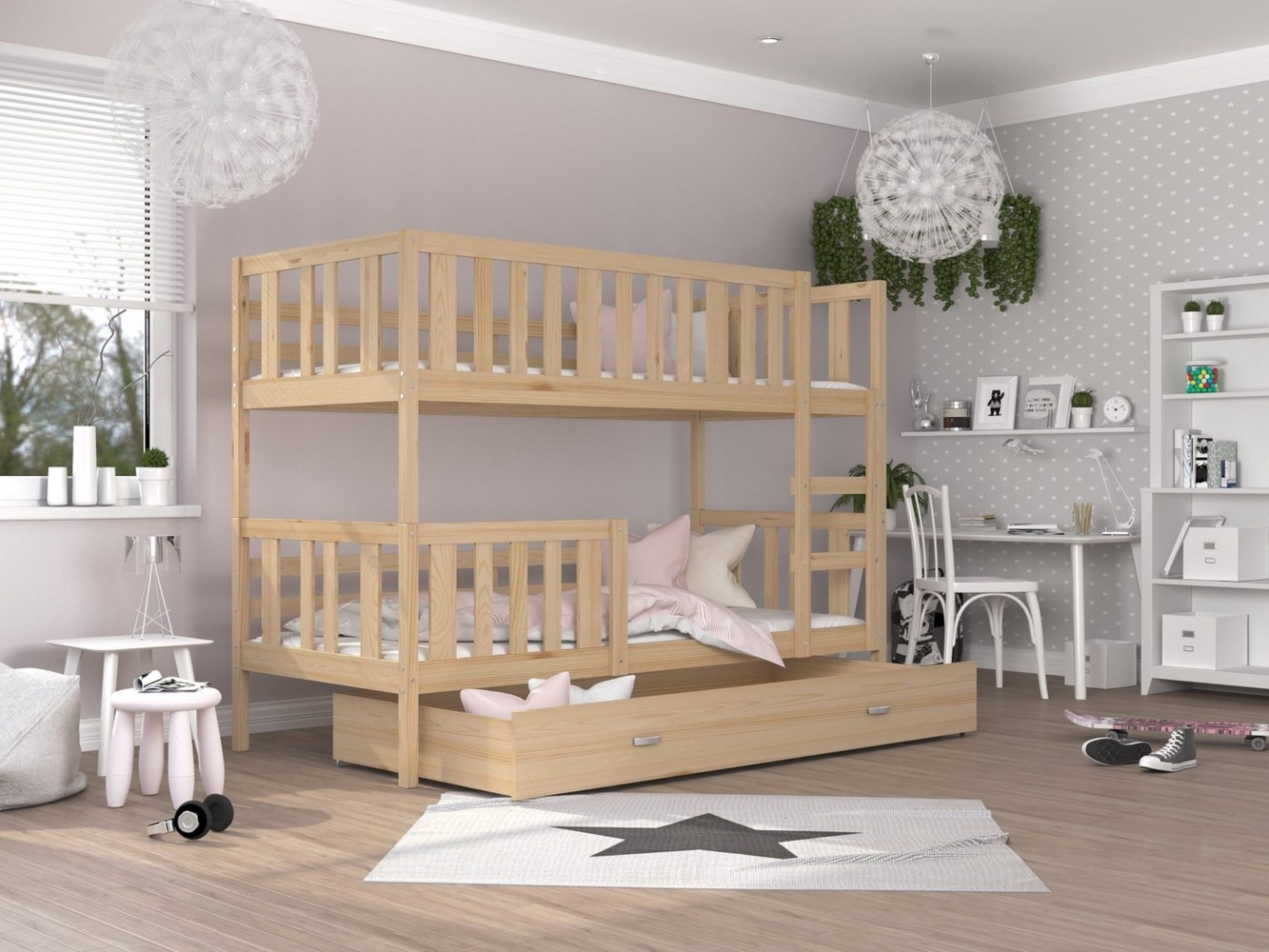 AJKmeble Hochbett mit Rausfallschutz, Etagenbett 80x160cm, Kinderbett (MADE IN EU - Bett mit großer Schublade, Kinderbett für Jungen und Mädchen, mit Rausfallschutz und Leiter) Stockbett für zwei Kinder Bild 1