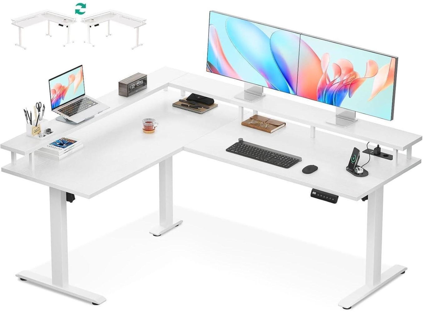 OffiGo Höhenverstellbarer Eckschreibtisch 150x120cm mit Steckdose, Monitorablage Bild 1