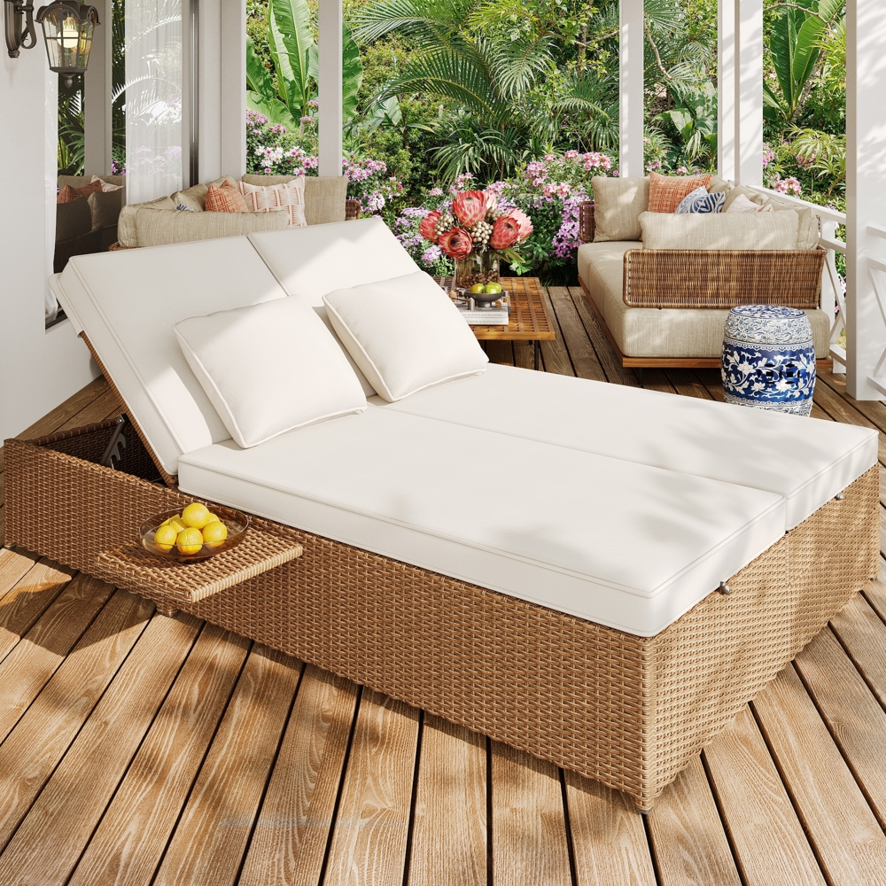 Merax Gartenliege Outdoor Rattan klappbare Doppelliege Gartenmöbel Balkonset mit Regal, braun Bild 1